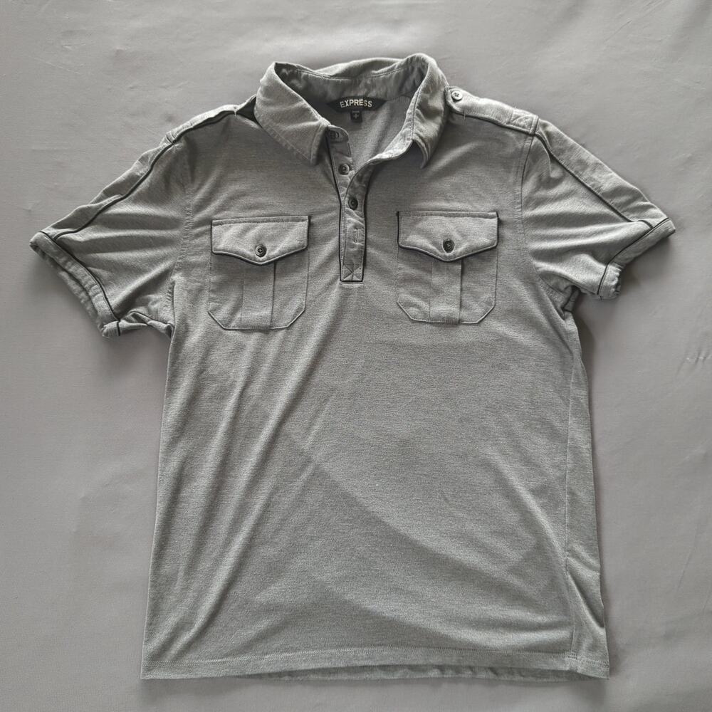 Express Gray Utility Pocket Polo Shirt Small Military Inspired Casual Top